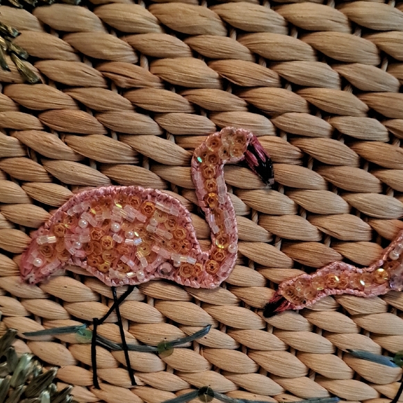 St. John Collection Woven Straw Tote with Pink Sequin Flamingos - Picture 2 of 7